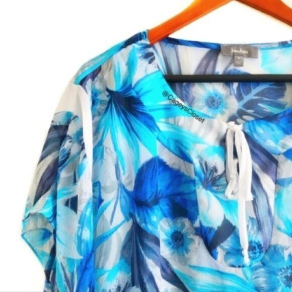 Neiman Marcus Blonde M Sheer Caftan Blue Floral Print Tie-Front Beach Vacation - Picture 5 of 9